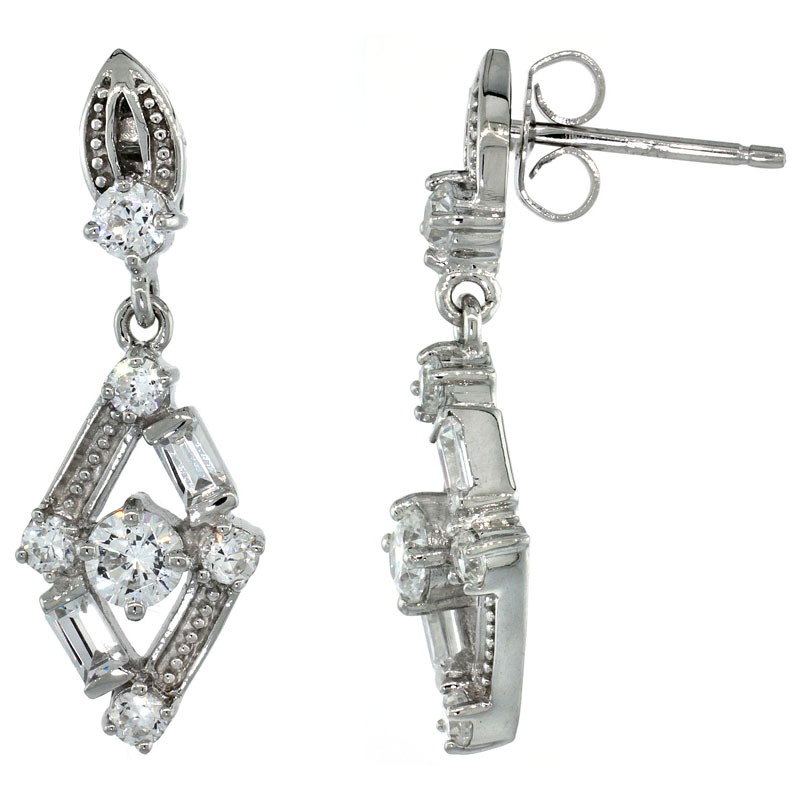 Sterling Silver Diamond Cut Out Dangle Earrings w/ Baguette &amp; Brilliant Cut CZ Stones, 1 1/16 in. (27 mm) tall