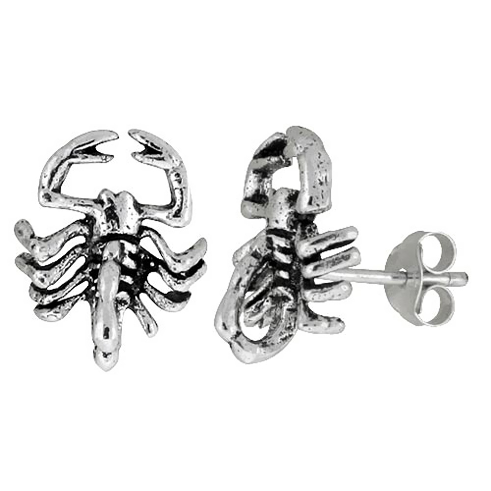 SMALL STERLING SILVER SCORPION STUD EARRINGS 9/16 INCH