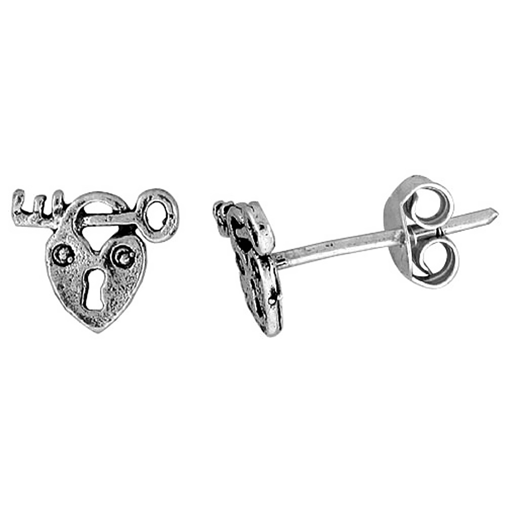 TINY STERLING SILVER LOCK-KEY STUD EARRINGS 5/16 INCH