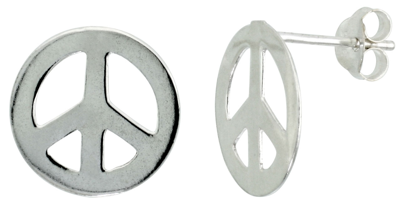 STERLING SILVER PEACE SIGN STUD EARRINGS 1/2 INCH
