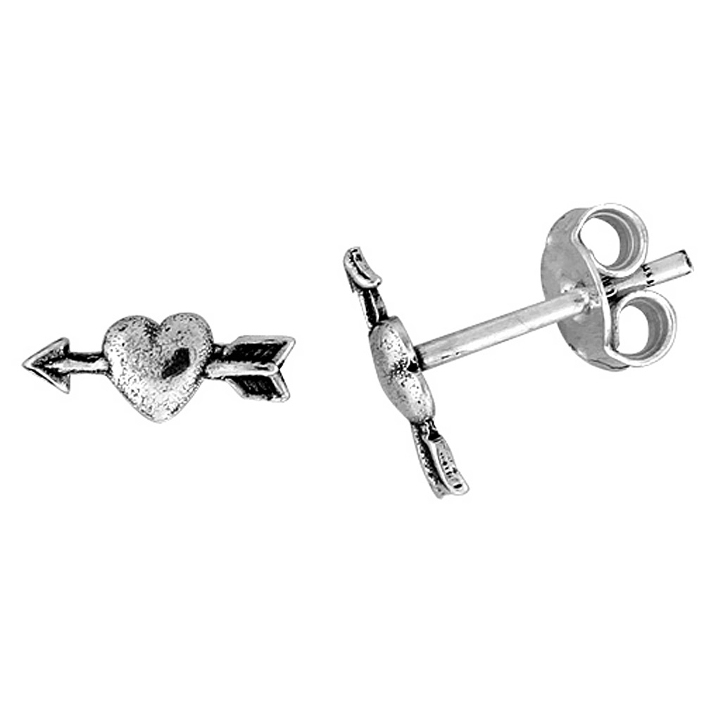 TINY STERLING SILVER HEART W/ ARROW STUD EARRINGS 3/8 INCH