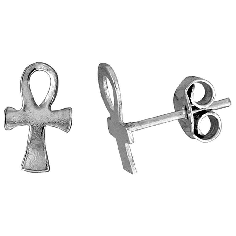 TINY STERLING SILVER ANKH STUD EARRINGS 3/8 INCH