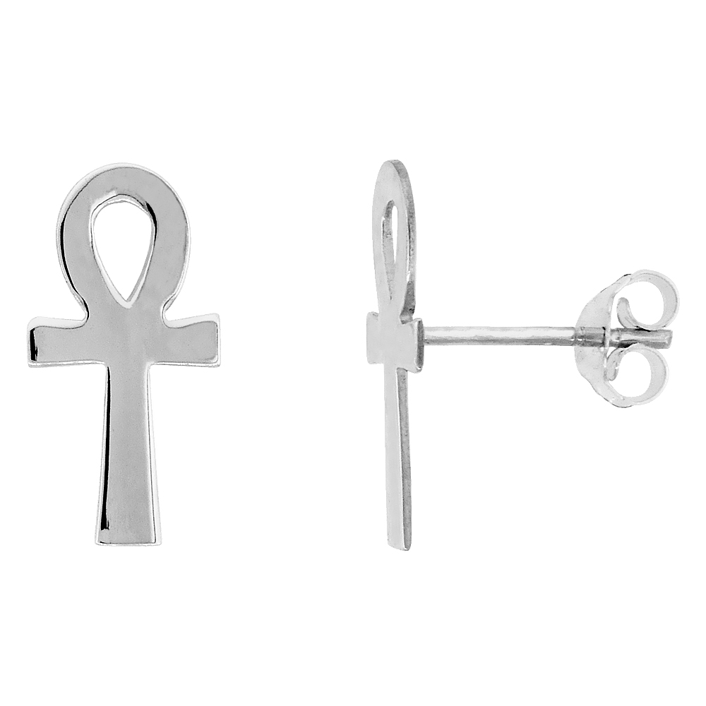 TINY STERLING SILVER ANKH STUD EARRINGS 5/8 INCH