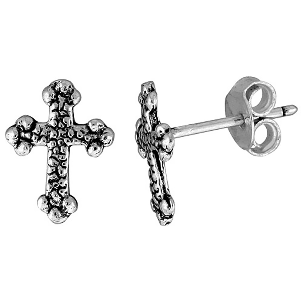 TINY STERLING SILVER CROSS STUD EARRINGS 7/16 INCH