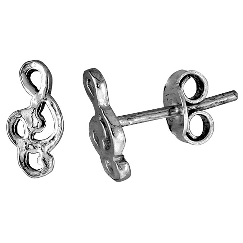 TINY STERLING SILVER G-CLEF STUD EARRINGS 3/8 INCH