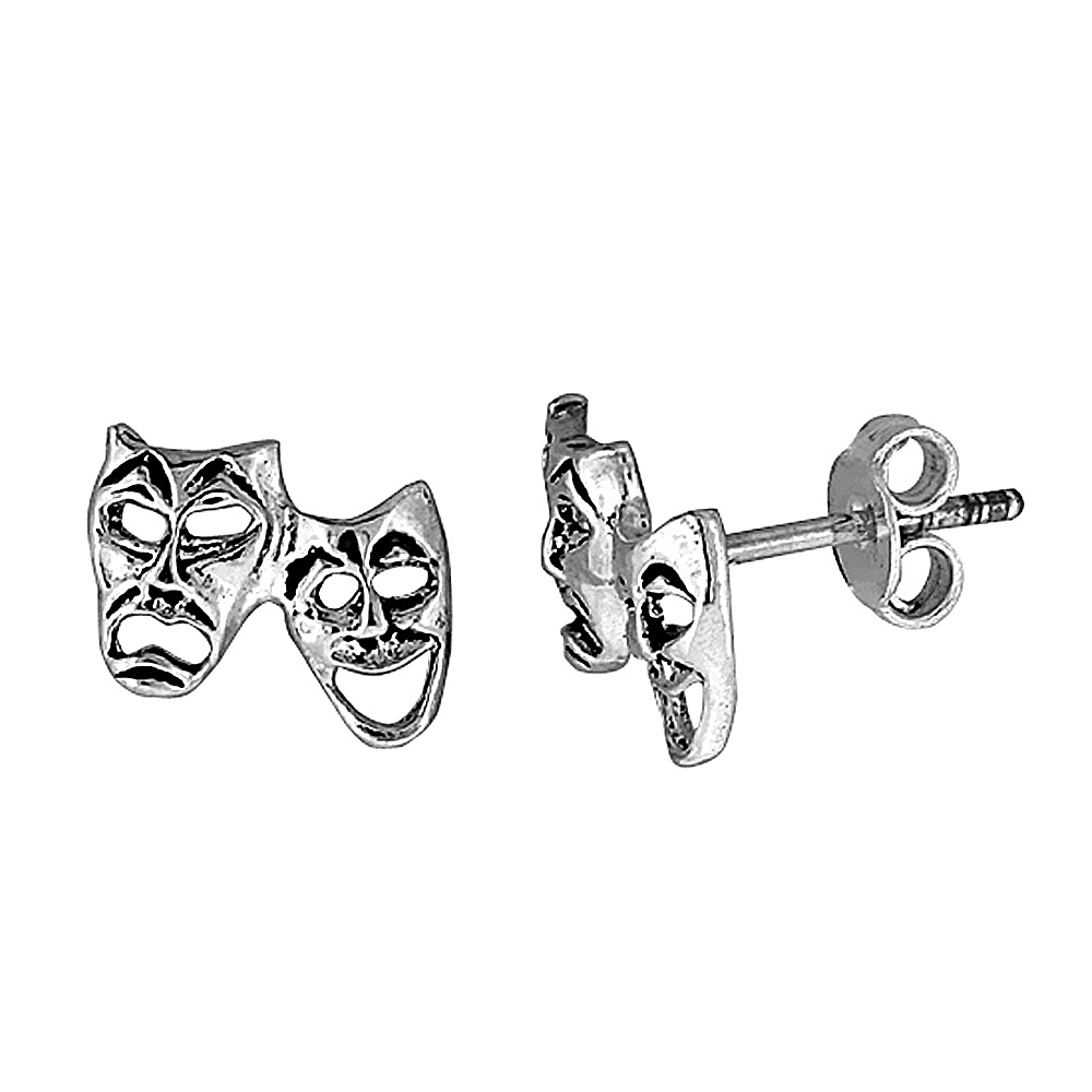 TINY STERLING SILVER DRAMA MASKS STUD EARRINGS 3/8 INCH