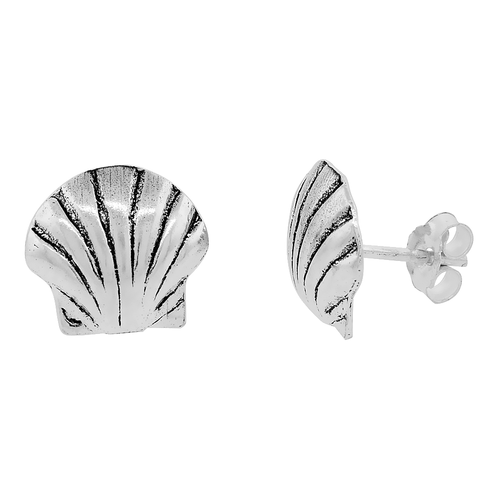 Tiny Sterling Silver Clamshell Stud Earrings Oxidized 3/8 inch