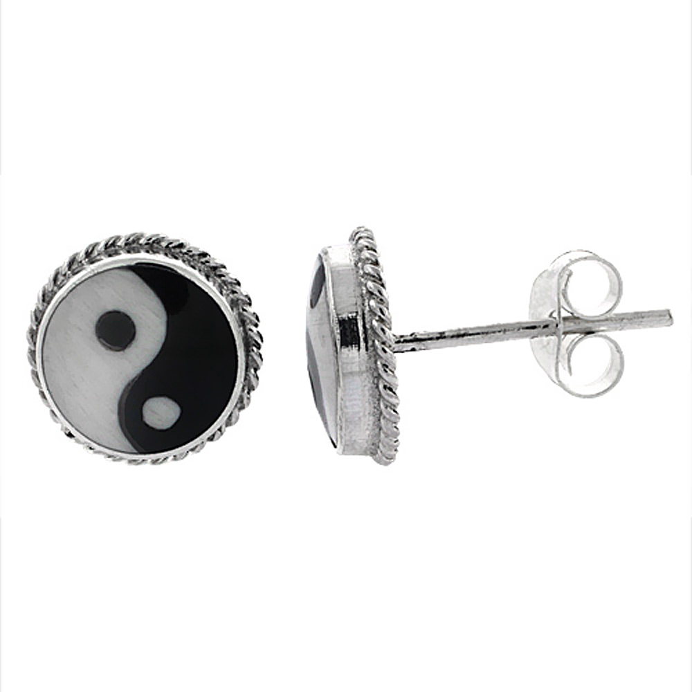 STERLING SILVER YIN YANG STUD EARRINGS 3/8 INCH
