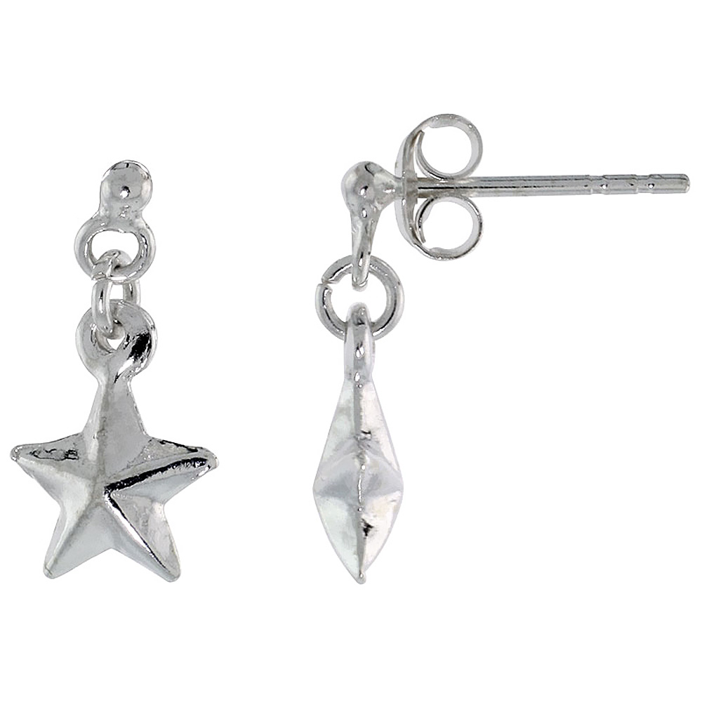 TINY STERLING SILVER DANGLE STAR EARRINGS, 5/8 INCH