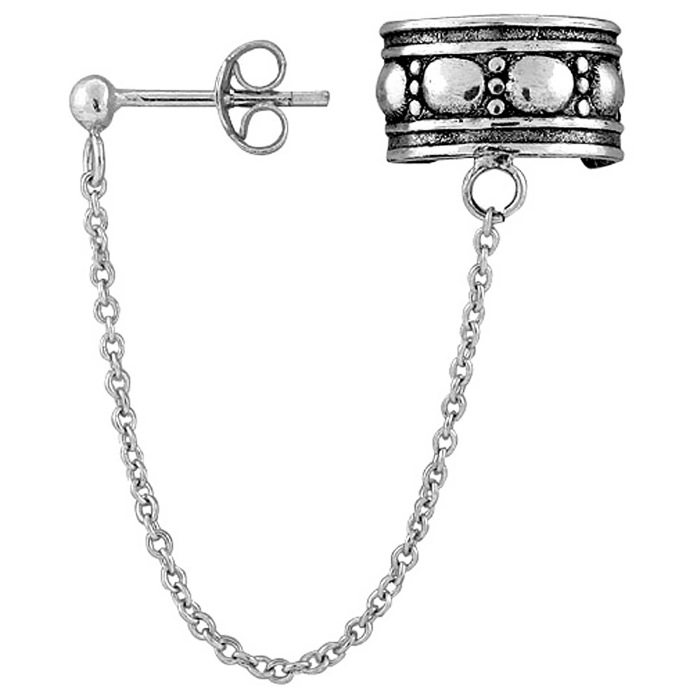 STERLING SILVER EAR CUFF EARRING WITH CHAIN & BALL STUD (ONE PIECE)