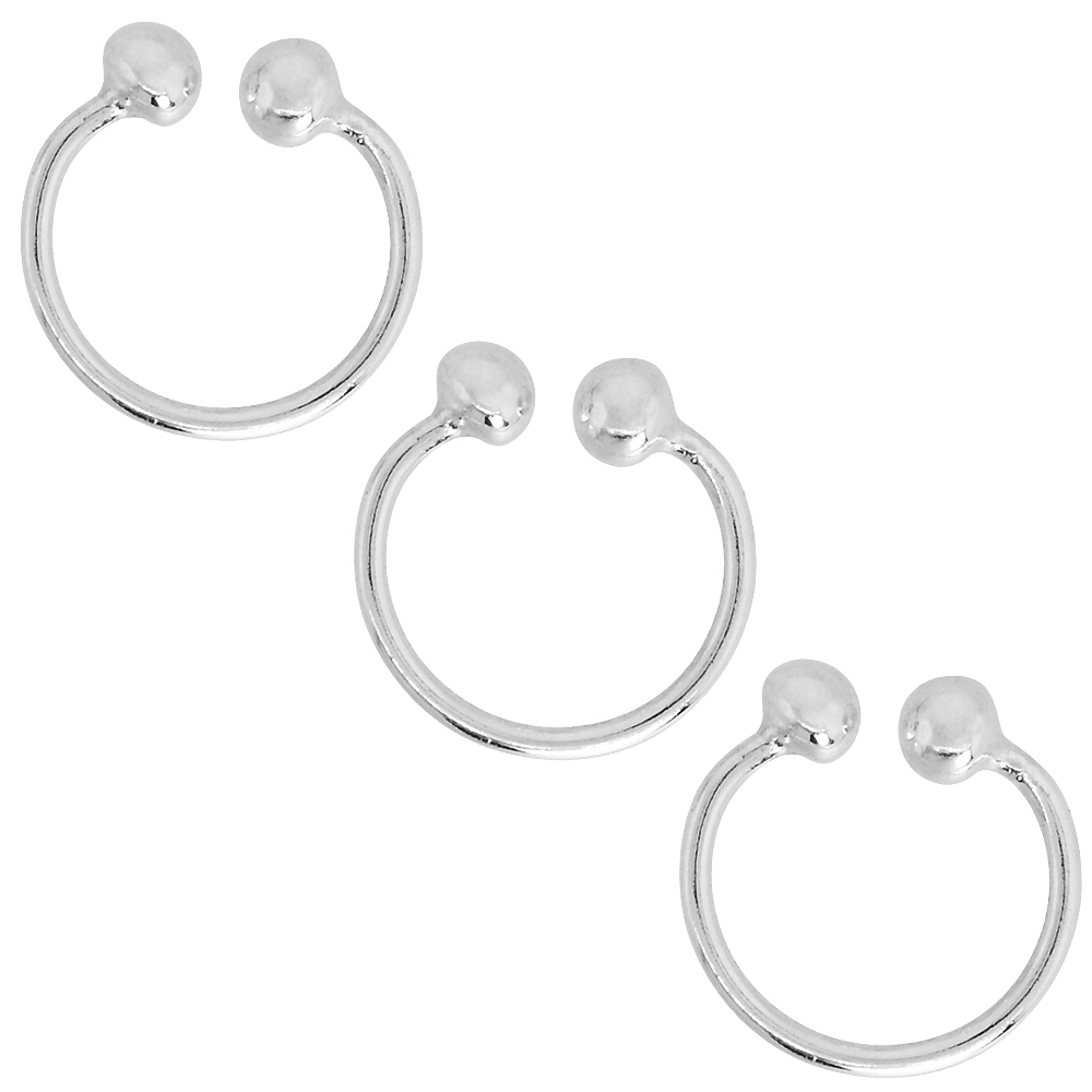 3-Pack 10mm Sterling Silver Nose Ring Septum Piercing Horseshoe Cartilage Earring Non-Pierced (one piece)