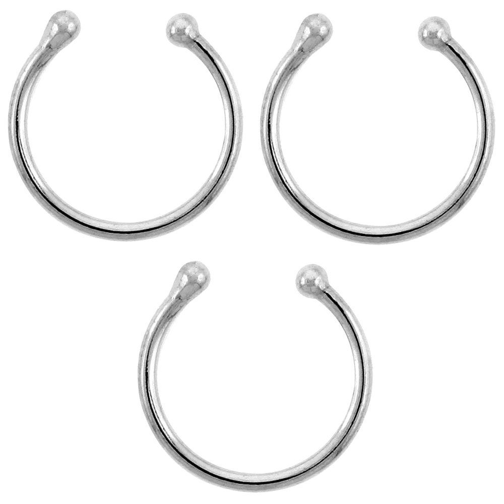 3-Pack 12 mm Sterling Silver Nose Ring / Cartilage Earring Non-Pierced (one piece)