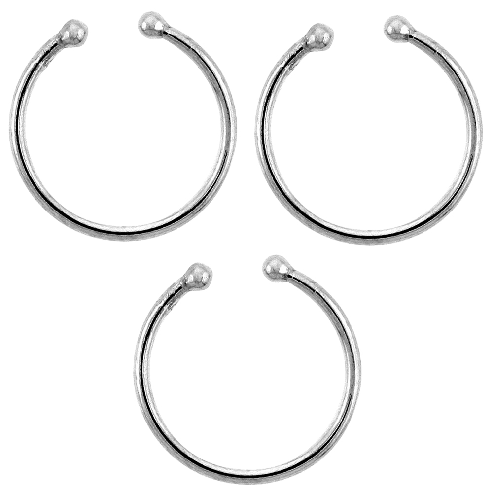 3-Pack 14 mm Sterling Silver Nose Ring / Cartilage Earring Non-Pierced (one piece)