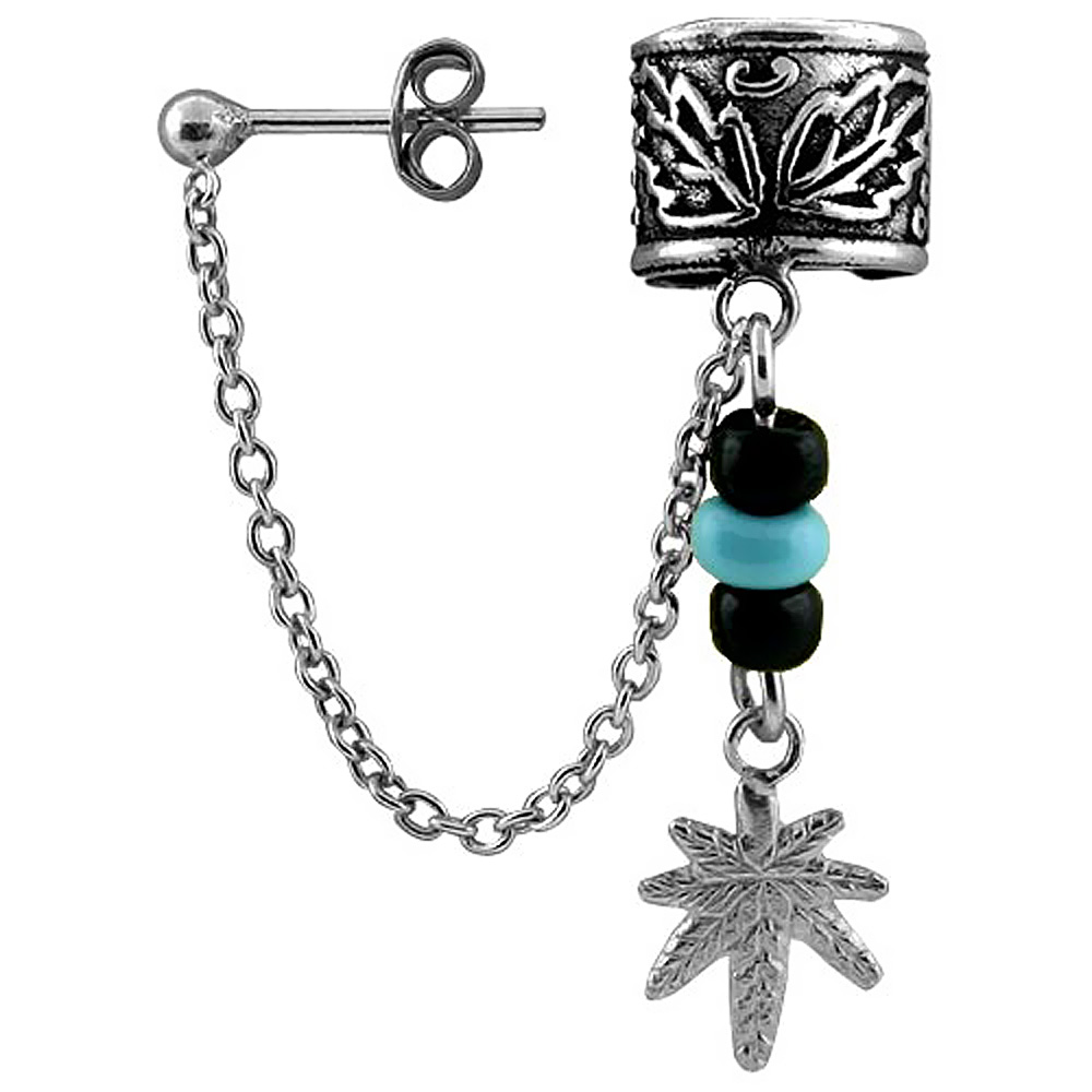 STERLING SILVER POT LEAF EAR CUFF EARRING WITH CHAIN & BALL STUD (ONE PIECE), 3/8 INCH
