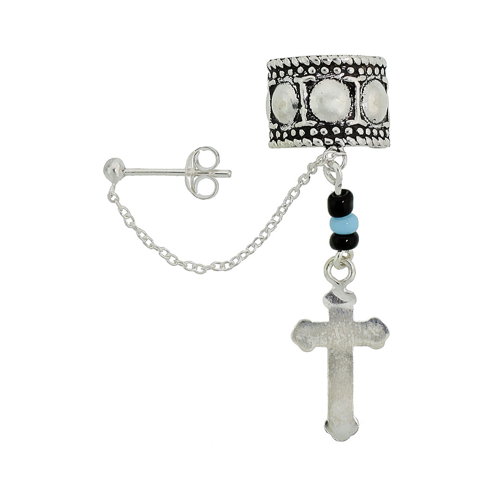 STERLING SILVER CROSS EAR CUFF EARRING WITH CHAIN & BALL STUD (ONE PIECE), 3/8 INCH