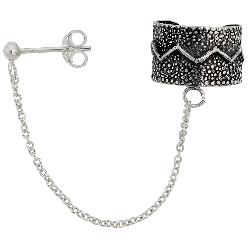 STERLING SILVER EAR CUFF EARRING WITH CHAIN & BALL STUD (ONE PIECE), 1/2 INCH