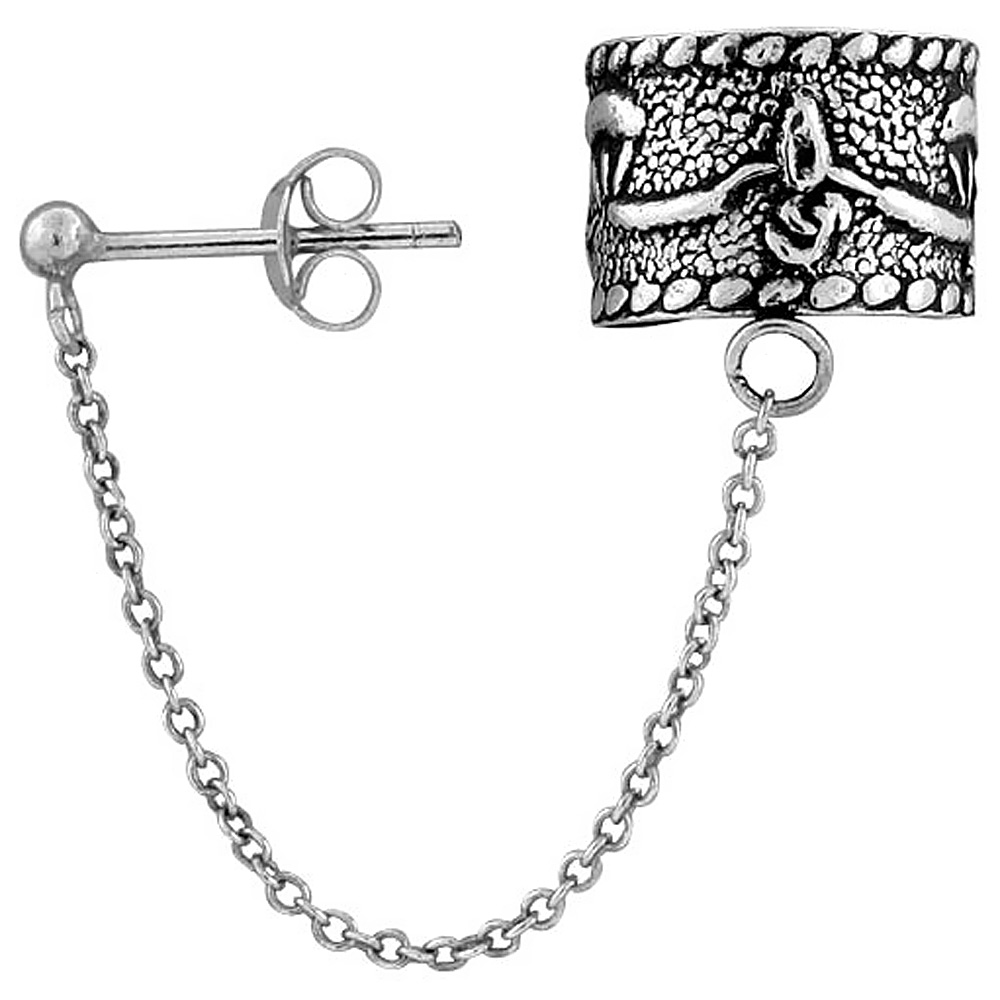 STERLING SILVER EAR CUFF EARRING WITH CHAIN & BALL STUD (ONE PIECE), 1/2 INCH