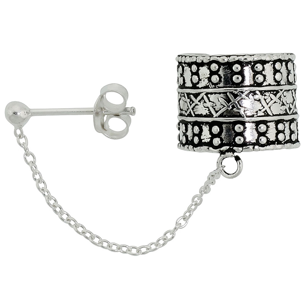 STERLING SILVER EAR CUFF EARRING WITH CHAIN & BALL STUD (ONE PIECE), 1/2 INCH