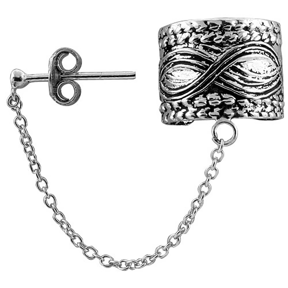 STERLING SILVER EAR CUFF EARRING WITH CHAIN & BALL STUD (ONE PIECE), 1/2 INCH