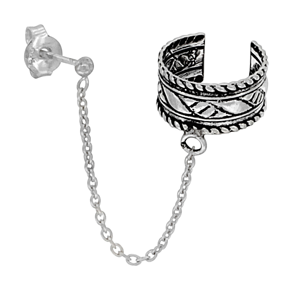 STERLING SILVER EAR CUFF EARRING WITH CHAIN & BALL STUD (ONE PIECE)