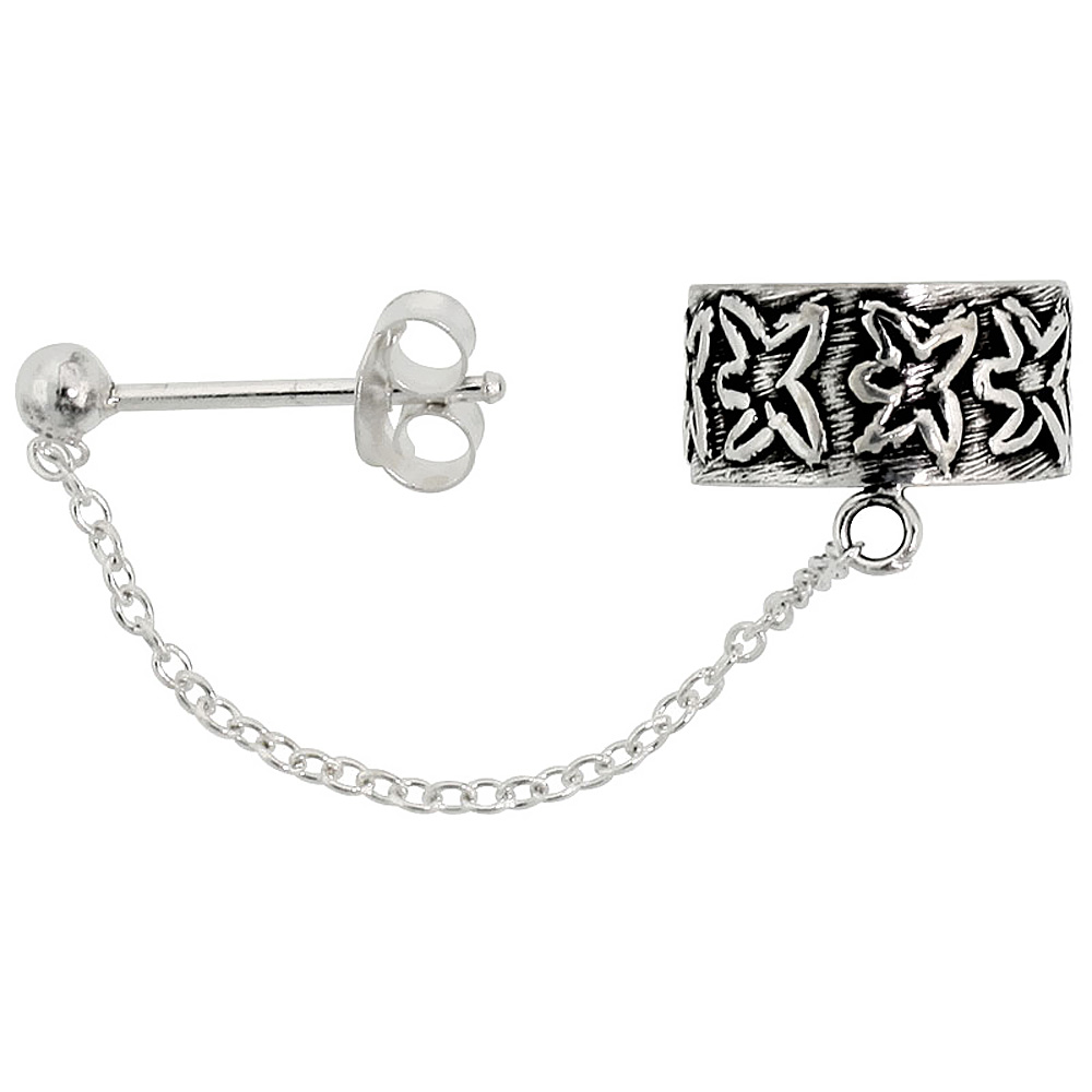 STERLING SILVER EAR CUFF EARRING WITH CHAIN & BALL STUD (ONE PIECE), 1/2 INCH