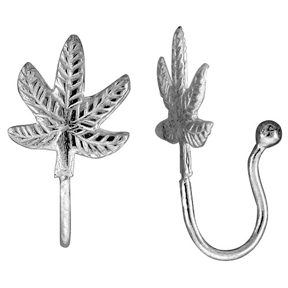 SMALL STERLING SILVER POT LEAF NOSE RING / EAR CUFF NON-PIERCED (ONE PIECE) 9/16 INCH