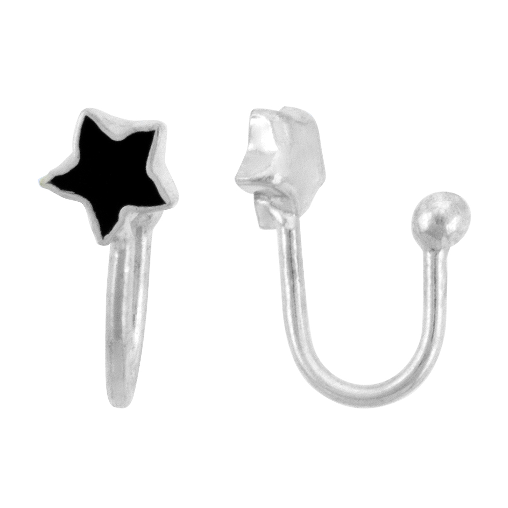 Dainty Sterling Silver Star Ear cuff / Non-Pierced Nose Ring Black Enamel (one piece)