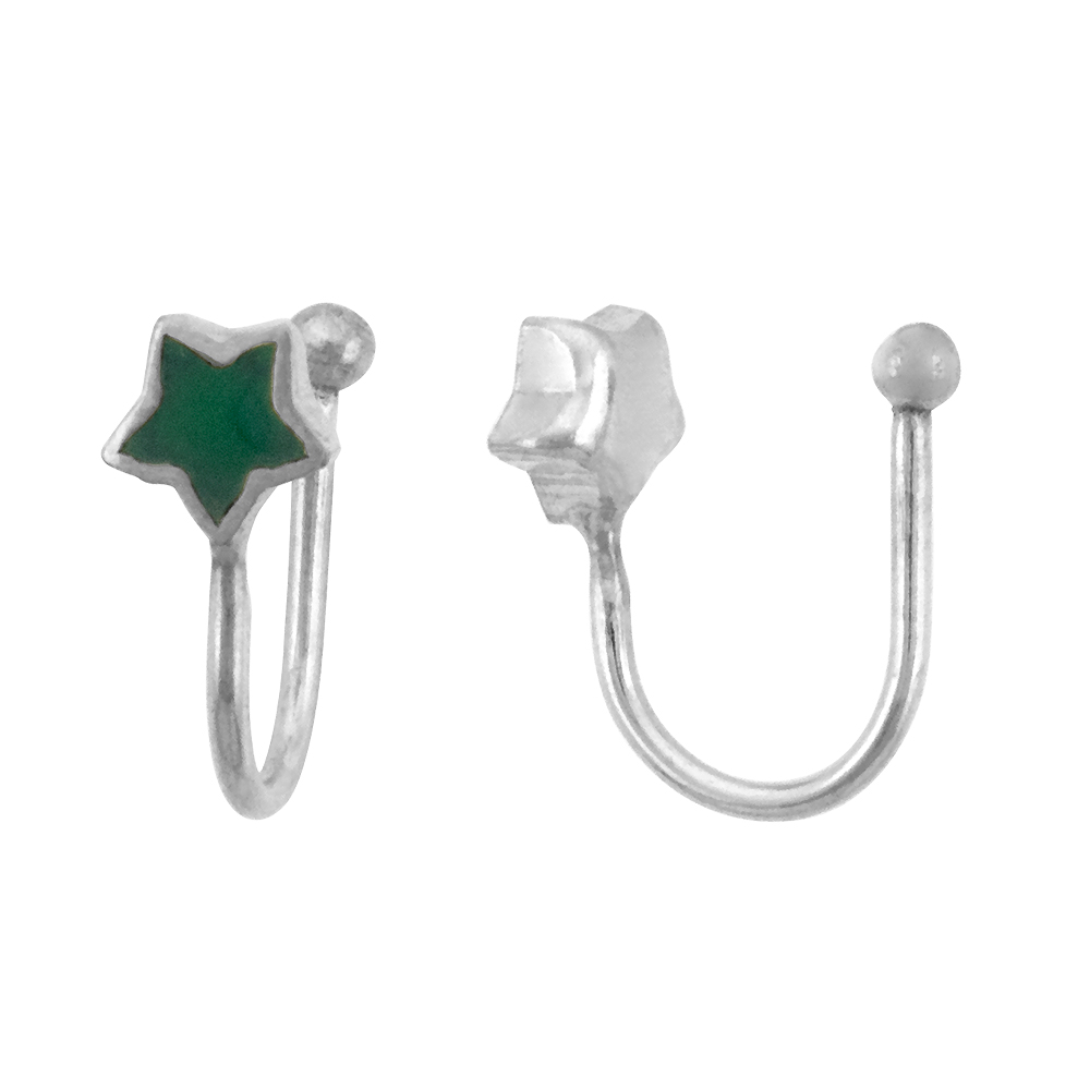 DAINTY STERLING SILVER STAR EAR CUFF / NON-PIERCED NOSE RING GREEN ENAMEL (ONE PIECE)