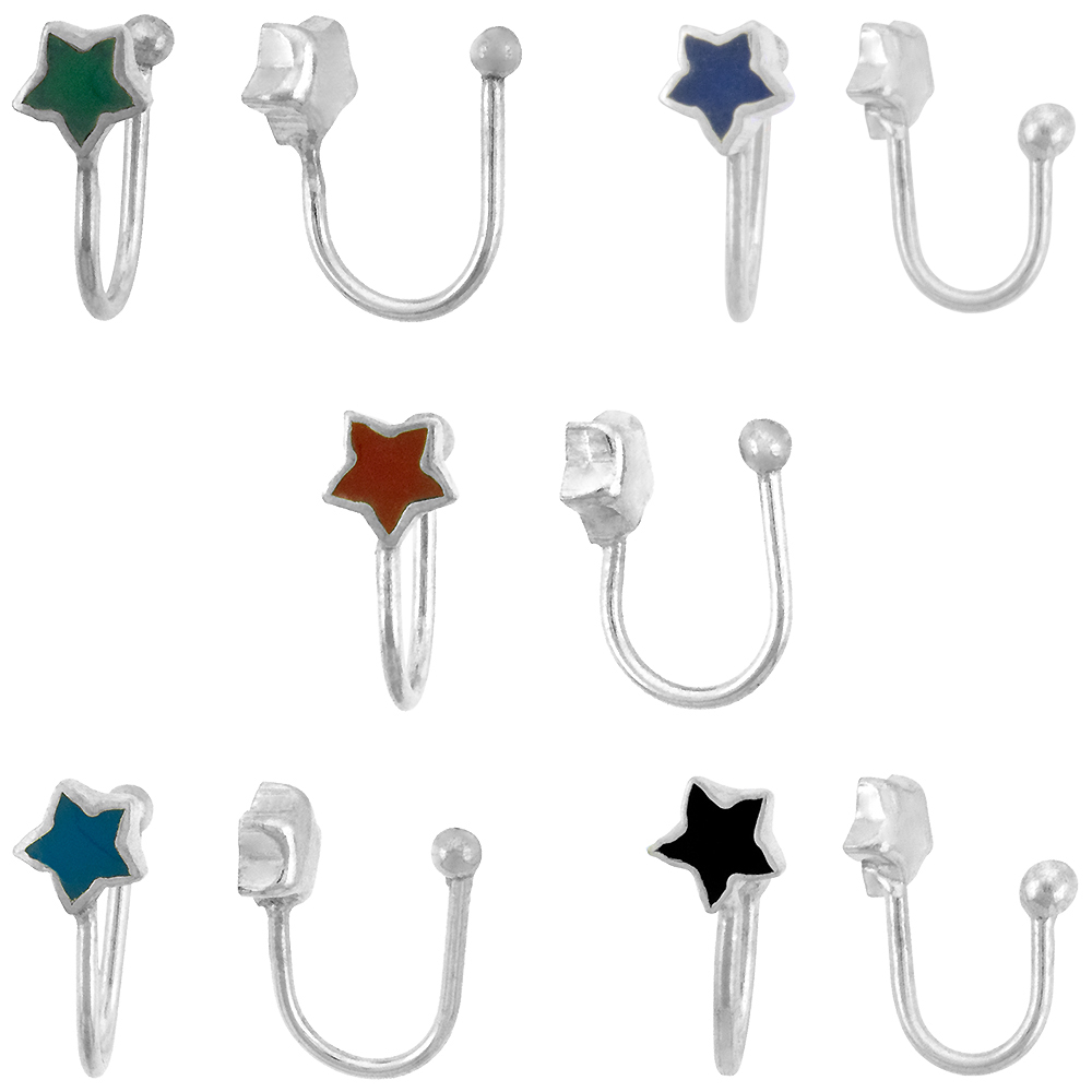 5-PACK ASSORTED COLORS DAINTY STERLING SILVER STAR EAR CUFF / NON-PIERCED NOSE RING (ONE PIECE)