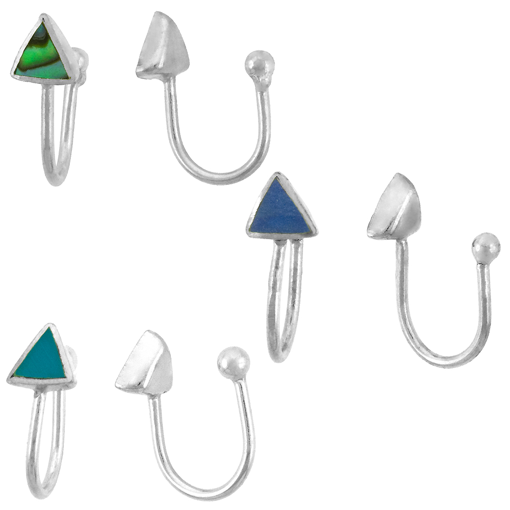 3-PACK ASSORTED COLORS DAINTY STERLING SILVER TRIANGLE BLUE EAR CUFF / NON-PIERCED NOSE RING (ONE PIECE)