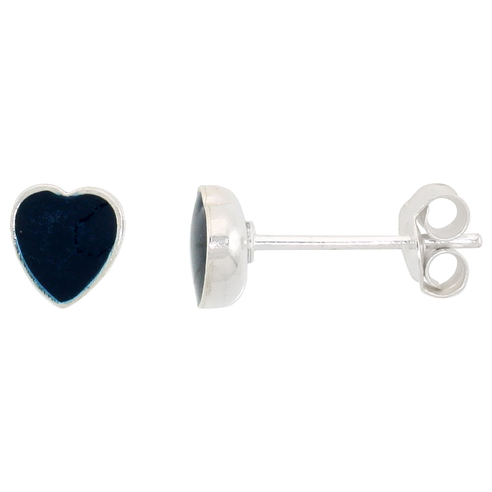 TINY STERLING SILVER HEART STUD EARRINGS DARK BLUE RESIN INLAY, 1/4 INCH