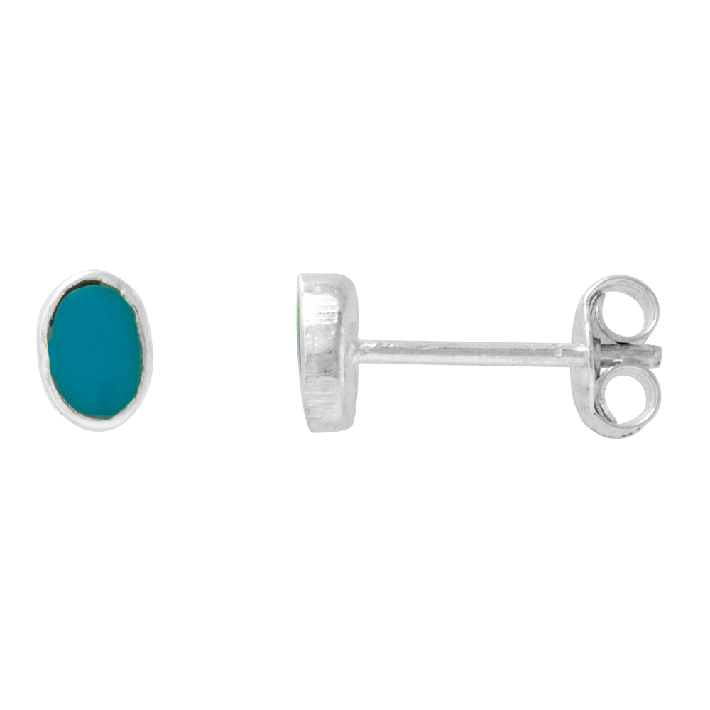 STERLING SILVER 6MM OVAL RECONSTITUTED TURQUOISE STUD EARRINGS, 1/4 INCH