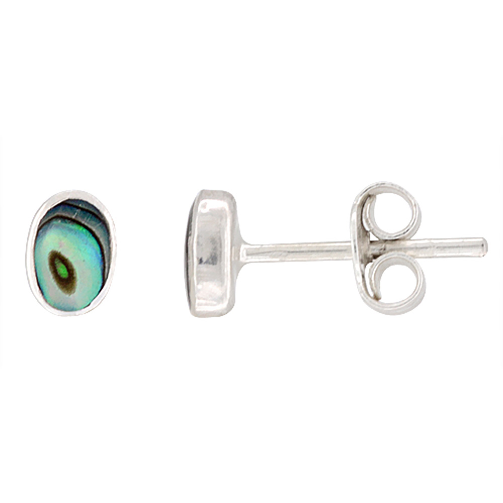TINY STERLING SILVER NATURAL ABALONE SHELL STUD EARRINGS OVAL, 1/4 INCH WIDE