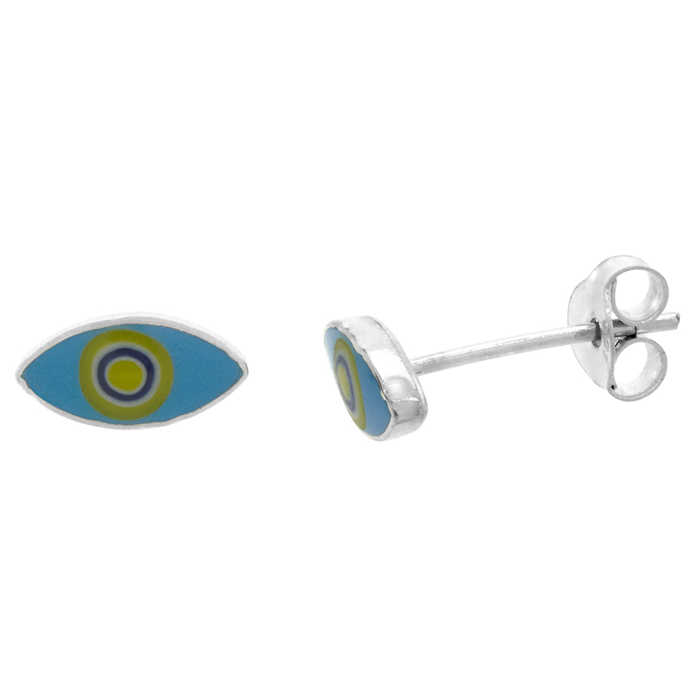 SMALL STERLING SILVER RESIN YELLOW & TURQUOISE EVIL EYE STUD EARRINGS, 11/32 INCH