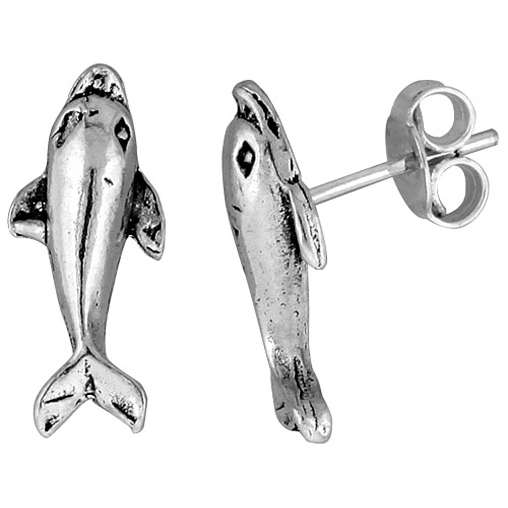 TINY STERLING SILVER DOLPHIN STUD EARRINGS 9/16 INCH