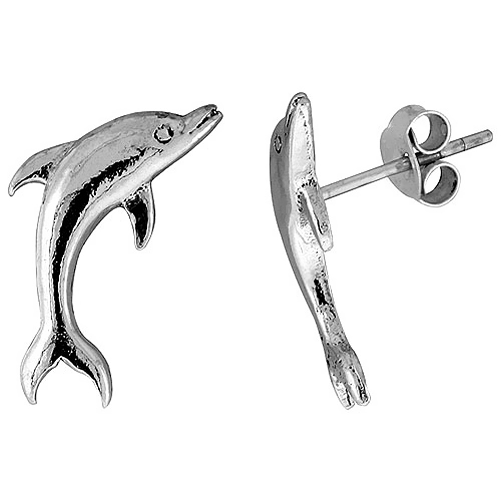 TINY STERLING SILVER DOLPHIN STUD EARRINGS 13/16 INCH