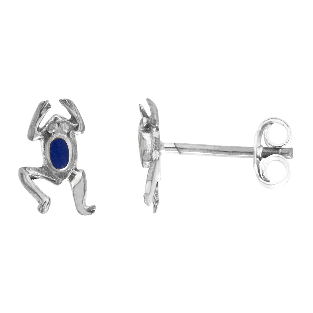 TINY STERLING SILVER LAPIS FROG STUD EARRINGS OVAL INLAY 7/16 INCH