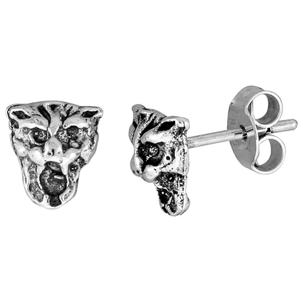 TINY STERLING SILVER TIGER FACE STUD EARRINGS 5/16 INCH