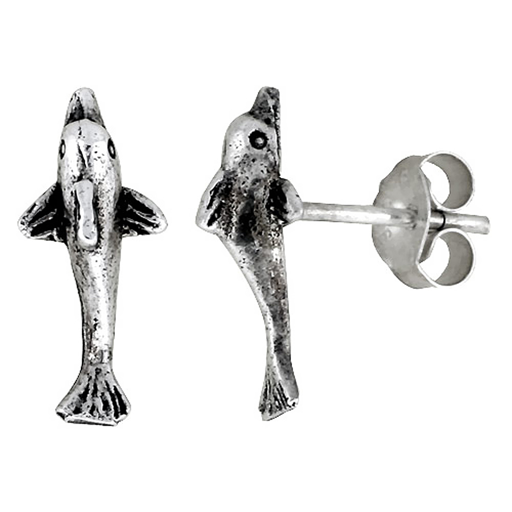 TINY STERLING SILVER DOLPHIN STUD EARRINGS 7/16 INCH