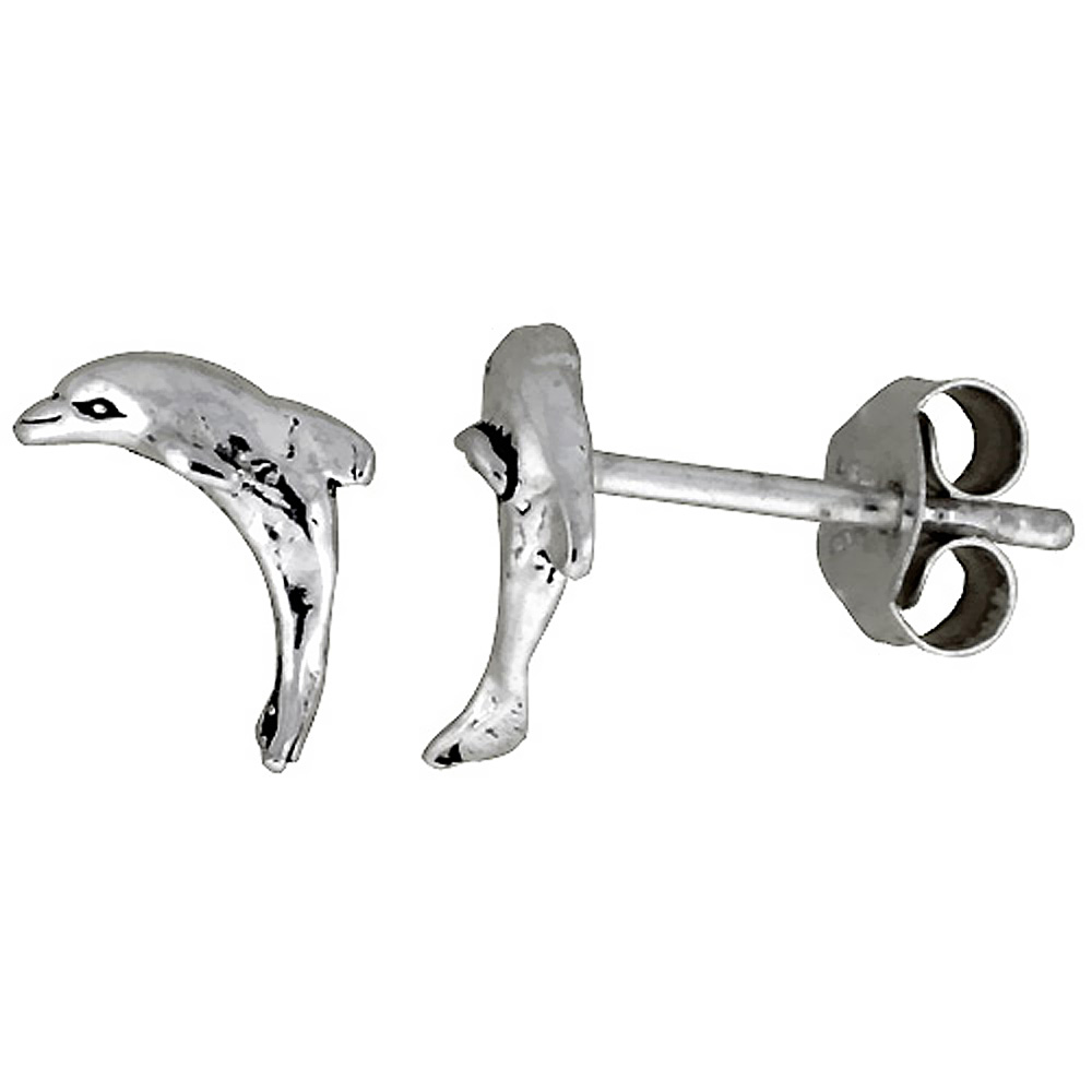 TINY STERLING SILVER DOLPHIN STUD EARRINGS 5/16 INCH