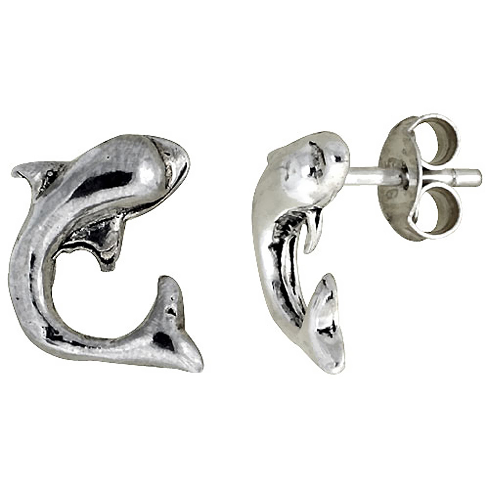 TINY STERLING SILVER DOLPHIN STUD EARRINGS 3/8 INCH