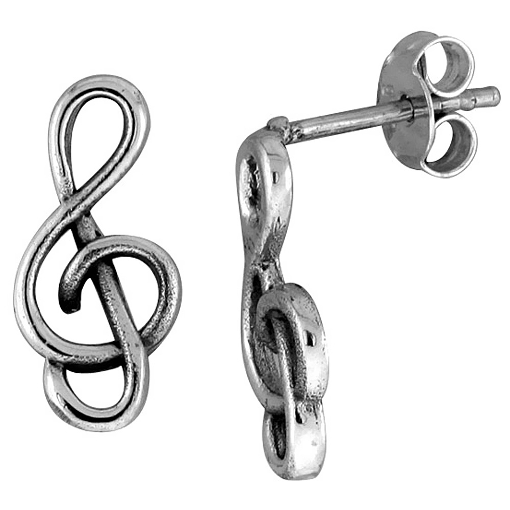 TINY STERLING SILVER G-CLEF STUD EARRINGS 5/8 INCH