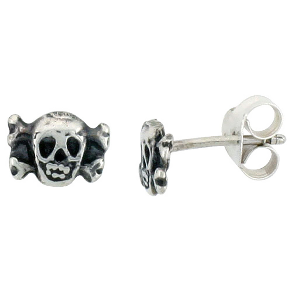 TINY STERLING SILVER SKULL & CROSSBONES STUD EARRINGS 5/16 INCH