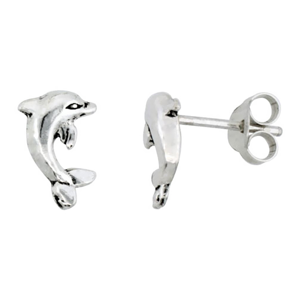TINY STERLING SILVER DOLPHIN STUD EARRINGS 3/8 INCH