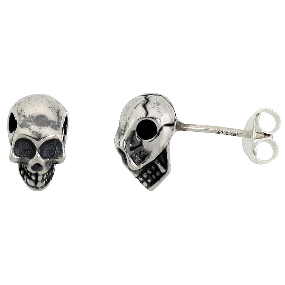 STERLING SILVER LARGE SKULL STUD EARRINGS WITH CRACKS 3/8 INCH