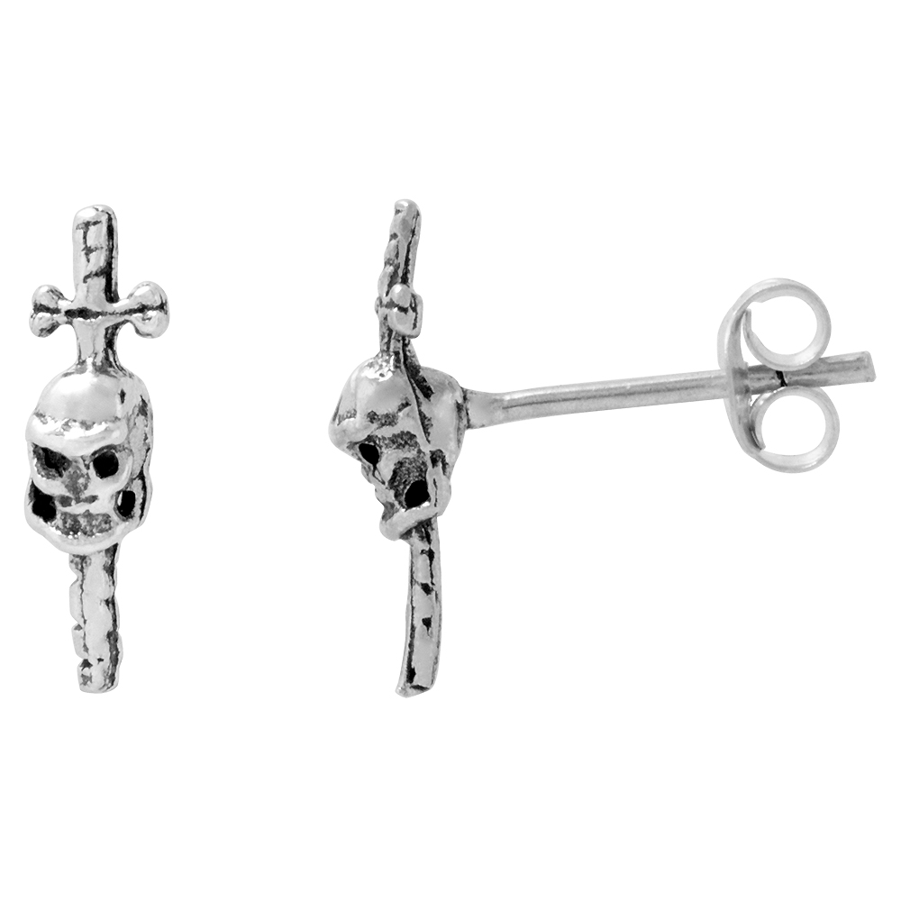 TINY STERLING SILVER SKULL STUD EARRINGS WITH SWORDS THRU THEM 9/16 INCH