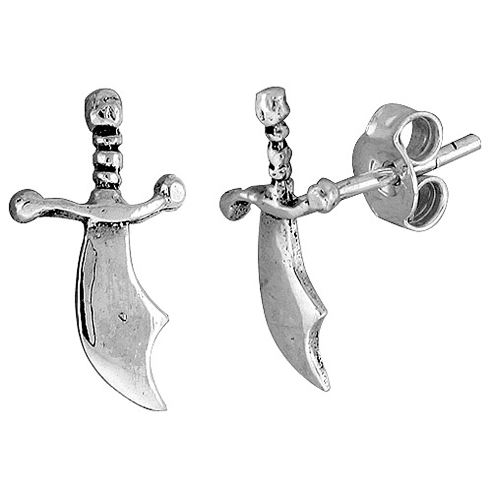TINY STERLING SILVER ARABIAN SCIMITAR SWORD STUD EARRINGS 9/16 INCH
