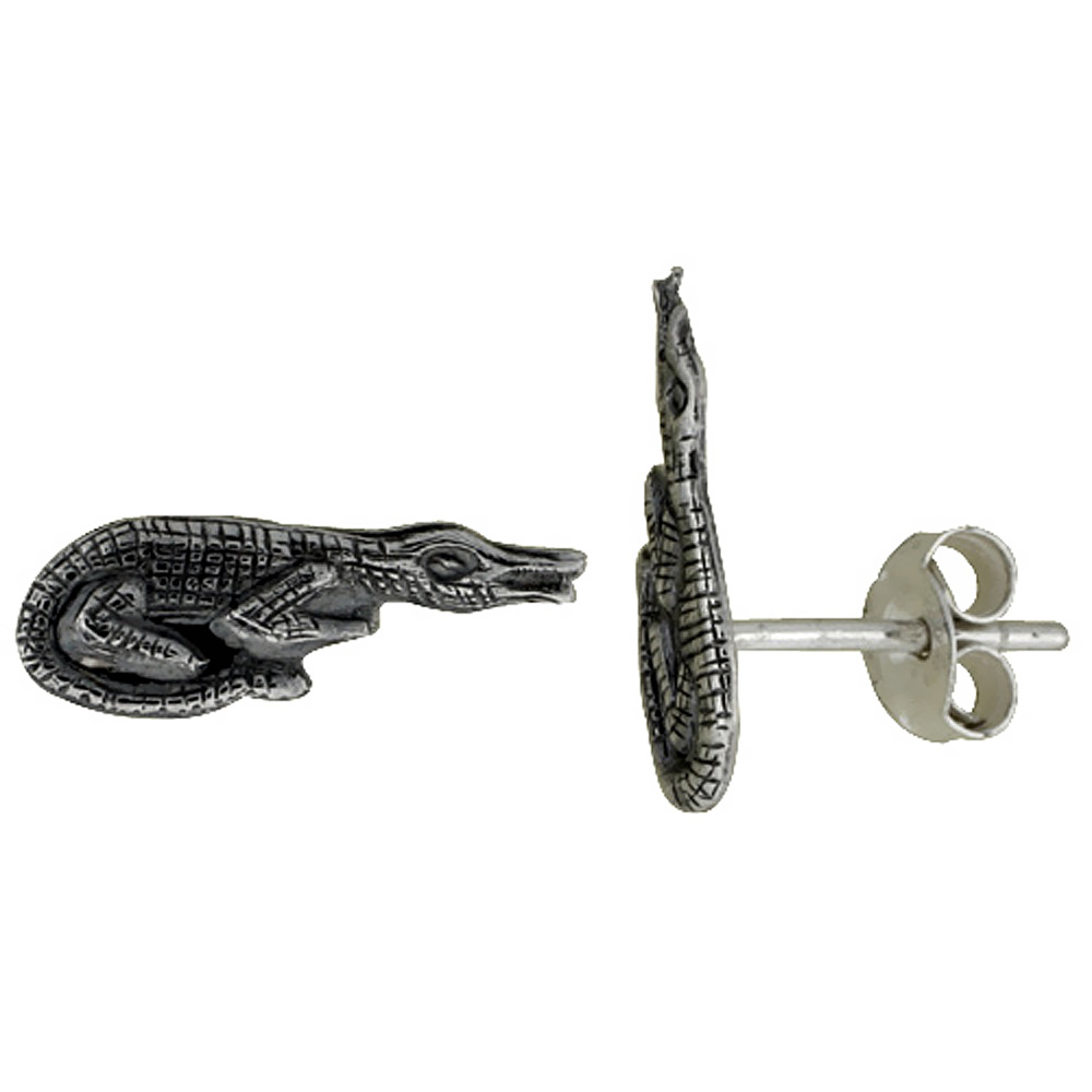 TINY STERLING SILVER CROCODILE STUD EARRINGS, 9/16 INCH