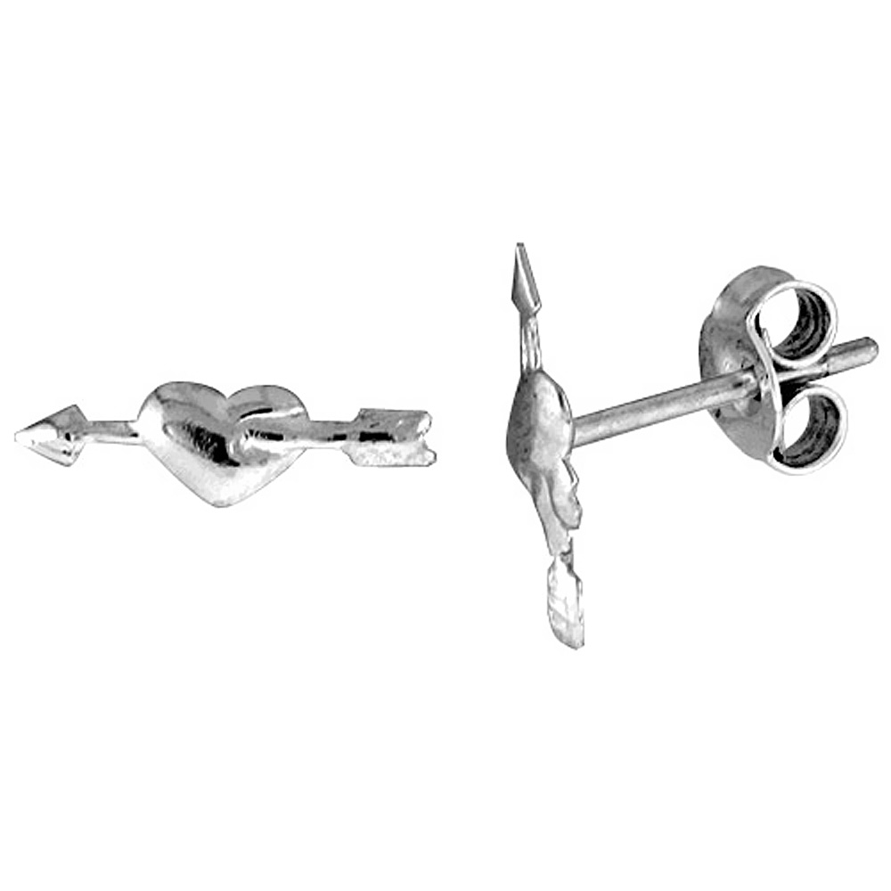 TINY STERLING SILVER HEART W/ ARROW STUD EARRINGS 3/8 INCH