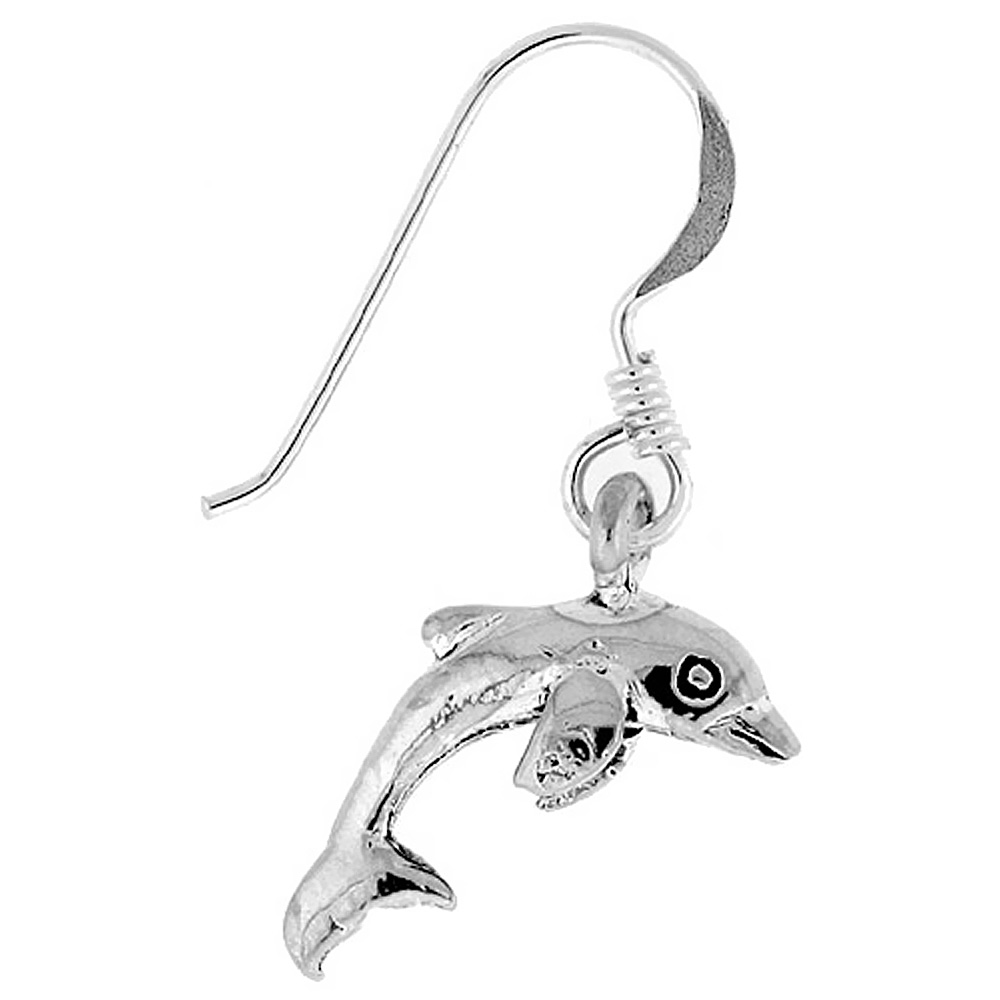 TINY STERLING SILVER DOLPHIN DANGLE EARRINGS 5/8 INCH